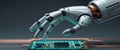 Futuristic Robot Hand Interacting with Digital Circuit Board Display.