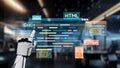 Futuristic Robot Hand Interacting with Digital Code Interface Representing Programming Languages like HTML, C, and in a Royalty Free Stock Photo