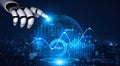 Futuristic Robot Hand Interacting with Digital Data Visualization in Modern Cityscape with Graphs, Charts, and Global Royalty Free Stock Photo