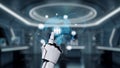 Futuristic Robot Hand Interacting with Digital Global Network of People and Technology in a Modern Data Center Royalty Free Stock Photo