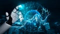 Futuristic Robot Hand Interacting with Digital Globe and Trading Data in Financial Concept with Cityscape Background Royalty Free Stock Photo
