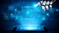 Futuristic Robot Hand Interacting with Digital Interface and AI Technology on Tablet Screen in High-Tech Environment Royalty Free Stock Photo
