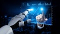 Futuristic robot hand interacting with digital interface, charts, graphs, showcasing technology, data analysis, and Royalty Free Stock Photo