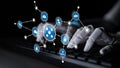 Futuristic Robot Hand Interacting with Digital Network Nodes Representing Technology, Automation, and Connectivity in a Royalty Free Stock Photo