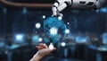 Futuristic Robot Hand Interacting with Digital Network Symbols over Earth Globe Connected with Human Silhouettes Royalty Free Stock Photo