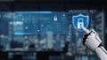 Futuristic Robot Hand Interacting with Digital Shield Icon and Security Interface in Modern Office Environment at Night Royalty Free Stock Photo