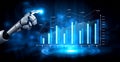 Futuristic robot hand interacting with glowing data visualization, showcasing digital graphs, analytics, technology Royalty Free Stock Photo