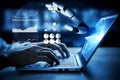 Futuristic Robot Hand Interacting with Laptop Display Featuring Data Analysis and Digital Information Graphics Impute Royalty Free Stock Photo