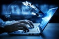 Futuristic Robot Hand Interacting with Laptop Display, Symbolizing Technology and Advanced Computing, Digital Innovation Royalty Free Stock Photo