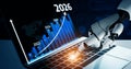Futuristic Robot Hand Interacting with Laptop to Display Digital Graph of Growth Forecast from 2023 to 2026 in Business Royalty Free Stock Photo
