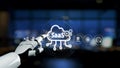 Futuristic Robot Hand Interacting with SaaS Cloud Technology Icons on Digital Display with Blurred Office Background and Royalty Free Stock Photo