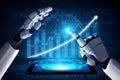Futuristic Robot Hand Interaction with Data Analysis and Growth Chart on Digital Tablet Screen Impute Royalty Free Stock Photo