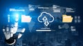 Advanced Robot Hand Interacting with Digital Cloud Storage Interface and Data Visualization Overlaid on World Map Royalty Free Stock Photo
