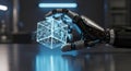 Futuristic robot hand manipulating glowing 3d digital data cube advanced technology concept Royalty Free Stock Photo