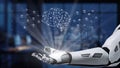 Futuristic Robot Hand Offering Digital Brain Concept with Network Connections, Data Visualization, and Global Innovation Royalty Free Stock Photo