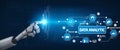 Futuristic Robot Hand Pointing to Data Analytics Concept with Icons on Dark Background Representing Statistics, Machine Royalty Free Stock Photo