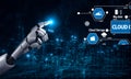 Futuristic Robot Hand Pointing at Cloud Computing and Big Data Icons with Digital Circuit Background for Technology and Royalty Free Stock Photo