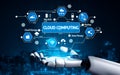 Futuristic Robot Hand Presenting Cloud Computing Concept with Data Privacy, Big Data, Cloud Storage, and Backup Features Royalty Free Stock Photo