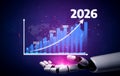Futuristic Robot Hand Supporting Data Visualization of Growth Trend with Bar Chart, World Map, and Years from 2023 to Royalty Free Stock Photo