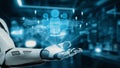 Futuristic Robot Hand Presenting Virtual Human Figures in Digital Environment with Technology and Data Visualization Royalty Free Stock Photo