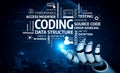Futuristic Robot Hand Reaching for Coding Terms and Concepts in a Digital Environment Illustrating Advanced Technology Royalty Free Stock Photo