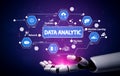 Futuristic Robot Hand Reaching for Data Analytics Visualization with Icons Depicting Statistics, Big Data, Machine Royalty Free Stock Photo