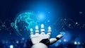Futuristic Robot Hand Reaching Out to Digital Globe with Data Connectivity Symbols and Waves Representing Technology Royalty Free Stock Photo