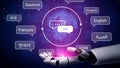 Futuristic Robot Hand Showcasing Multilingual Communication and Global Connectivity with Speech Bubbles and Language Royalty Free Stock Photo