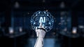Futuristic Robot Hand Touching Artificial Intelligence Icon Surrounded by Digital Brain Graphic in Modern Office Setting Royalty Free Stock Photo