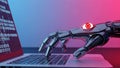Futuristic robot hand typing on laptop with digital code background Royalty Free Stock Photo