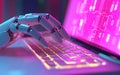 Advanced robot hand typing on laptop with data analytics screen Royalty Free Stock Photo