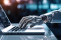 Futuristic robot hand typing on laptop keyboard. Mechanical arm with computer Royalty Free Stock Photo