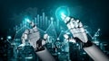 Futuristic robot hands interacting with data visualization in a digital environment, showcasing technology, analytics Royalty Free Stock Photo