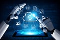 Futuristic Robot Hands Interacting with Digital Cloud Interface and Icons of Data Storage, Music, Files, and Analytics Royalty Free Stock Photo
