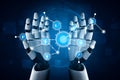 Futuristic robot hands interacting with digital icons representing technology, data analytics, innovation, and Royalty Free Stock Photo