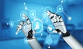 Futuristic Robot Hands Interacting with Digital Icons Representing Technology, Data, and Connectivity in a Modern Royalty Free Stock Photo