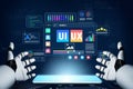 Futuristic Robot Hands Interacting with Digital Interface Showing UI and UX Elements, Data Charts, and Technology Royalty Free Stock Photo