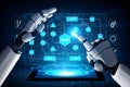 Futuristic Robot Hands Interacting with Digital Interface and Touchscreen Display Technology for Automation and Royalty Free Stock Photo