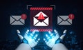 Futuristic Robot Hands Interacting with Digital Warning Icon for Email Security, Cyber Threats, and Technology Concepts Royalty Free Stock Photo