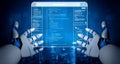Futuristic Robot Hands Interacting with Transparent Digital Screen Displaying Programming Code in Modern Tech Royalty Free Stock Photo