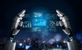 Futuristic Robot Hands Presenting Interactive Data Visualizations and Analytics Over Dark Cityscape Background in High Royalty Free Stock Photo