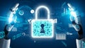 Futuristic Robot Hands Protecting Digital Padlock in cyber security Concept with Data Visualizations and Global Network Royalty Free Stock Photo
