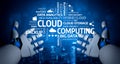 Futuristic Robot Hands Reaching Towards Cloud Computing Concepts with Data Analytics, Security, Hybrid Cloud, and Big Royalty Free Stock Photo