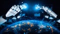 Futuristic Robot Hands Reaching Towards Earth with Digital Data Visualizations and Connections Representing Artificial Royalty Free Stock Photo