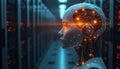Futuristic Robot Head with Glowing Circuits in Data Center Server Room Royalty Free Stock Photo