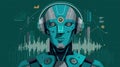 Futuristic robot head teal artificial intelligence cyberpunk portrait headset digital sound wave data visualization sci fi Royalty Free Stock Photo