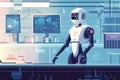 Futuristic robot in a high-tech laboratory interacting with advanced technolo Royalty Free Stock Photo