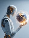 Futuristic robot holding a glowing Earth with a focus on technology and environmental connection Royalty Free Stock Photo