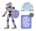 Futuristic Robot Guard with Shield, Fingerprint Access, and Secure Mall Building Royalty Free Stock Photo