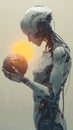 Futuristic robot holding small planet with sun in background Royalty Free Stock Photo